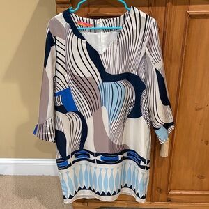 Vilagallo Size 14 Abstract Patterned Dress with Blue Accents